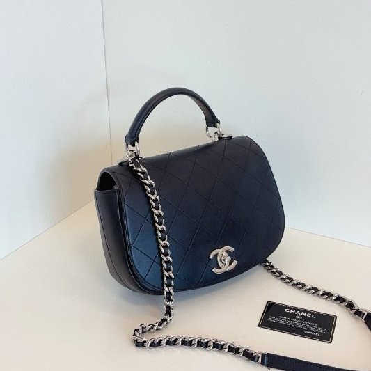 香奈兒/Chanel 黑銀牛皮菱格郵差馬鞍包 手提+皮穿鏈條-2