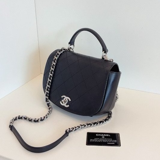 香奈兒/Chanel 黑銀牛皮菱格郵差馬鞍包 手提+皮穿鏈條-3