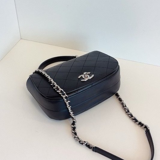 香奈兒/Chanel 黑銀牛皮菱格郵差馬鞍包 手提+皮穿鏈條-8