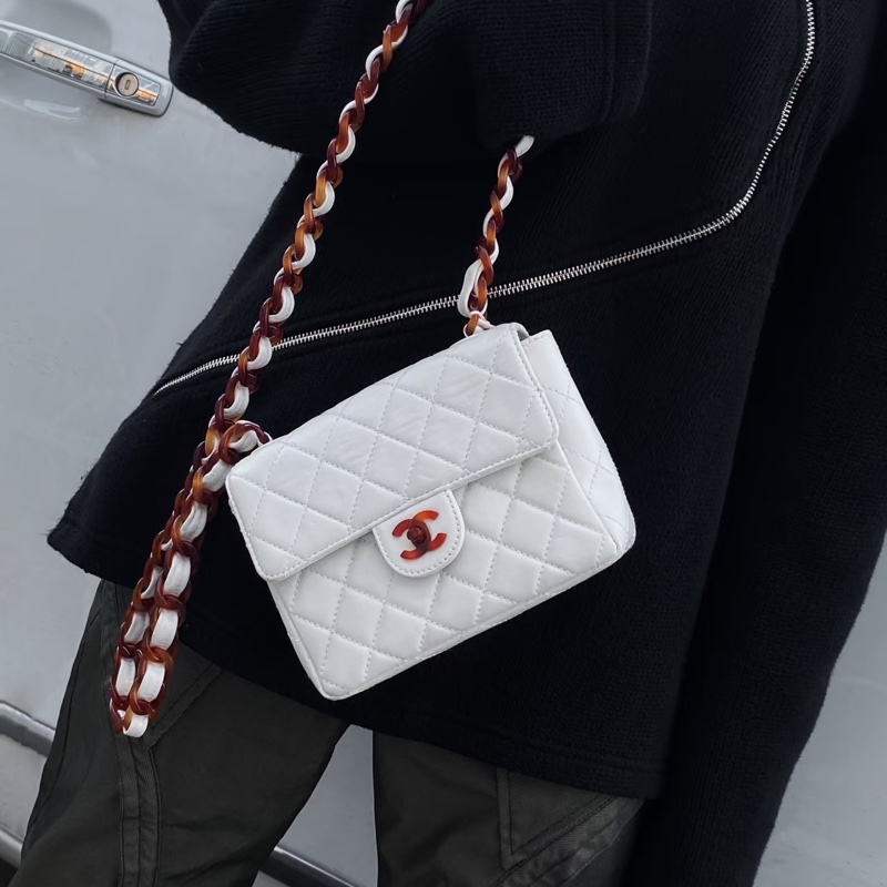 CHANEL 香奈兒 Vintage 玳瑁 CF 方胖子 白色 斜背包 肩背包 側背包-2