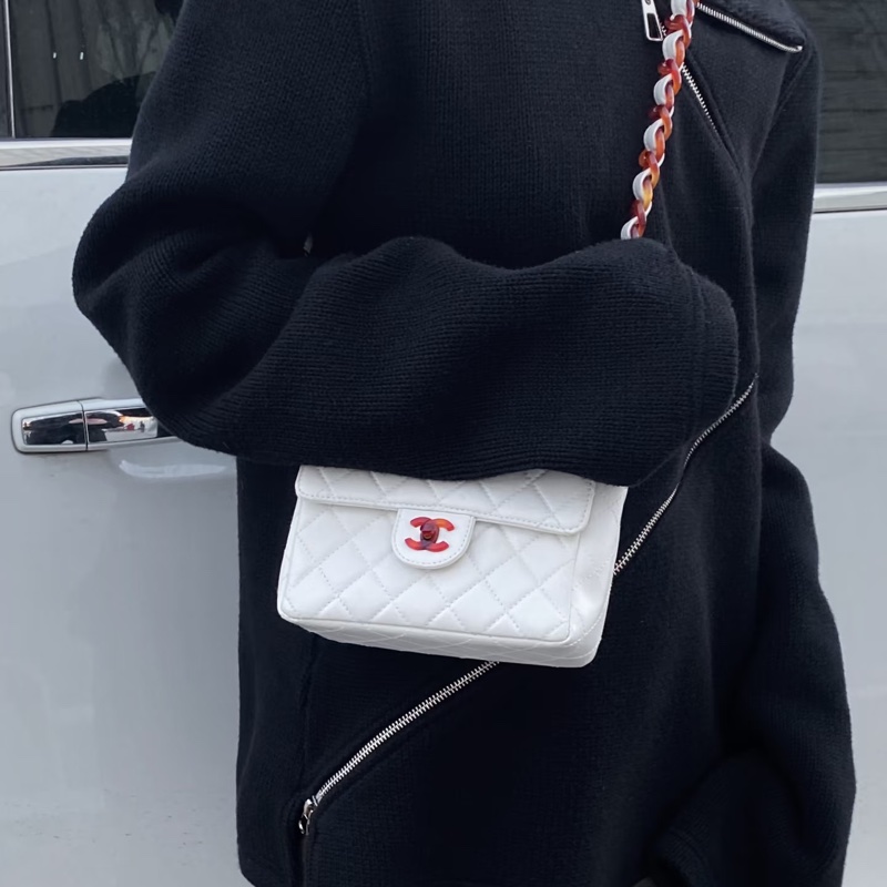 CHANEL 香奈兒 Vintage 玳瑁 CF 方胖子 白色 斜背包 肩背包 側背包-3