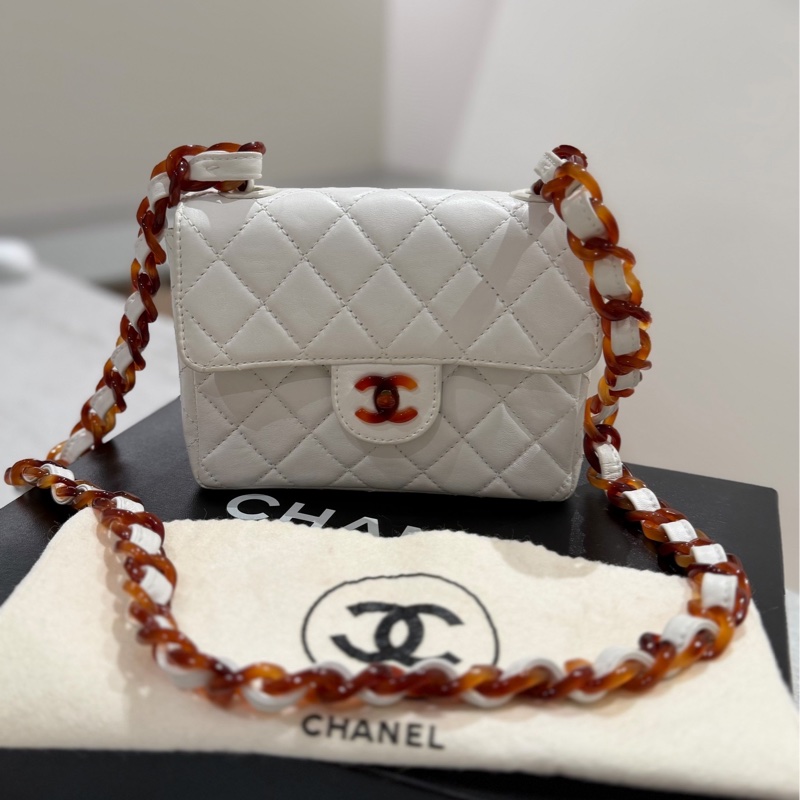 CHANEL 香奈兒 Vintage 玳瑁 CF 方胖子 白色 斜背包 肩背包 側背包-7