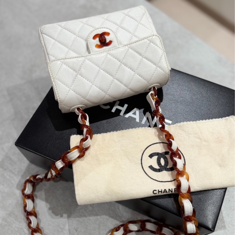 CHANEL 香奈兒 Vintage 玳瑁 CF 方胖子 白色 斜背包 肩背包 側背包-8