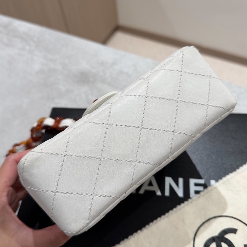 CHANEL 香奈兒 Vintage 玳瑁 CF 方胖子 白色 斜背包 肩背包 側背包-10