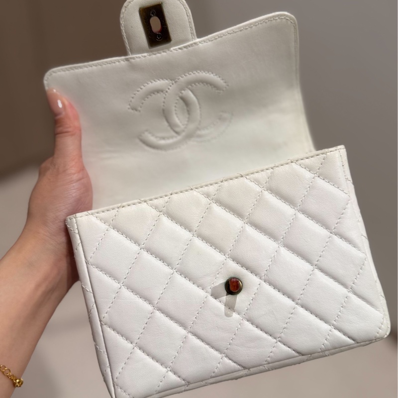 CHANEL 香奈兒 Vintage 玳瑁 CF 方胖子 白色 斜背包 肩背包 側背包-21