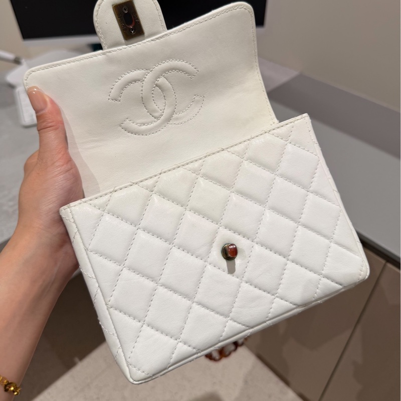 CHANEL 香奈兒 Vintage 玳瑁 CF 方胖子 白色 斜背包 肩背包 側背包-22