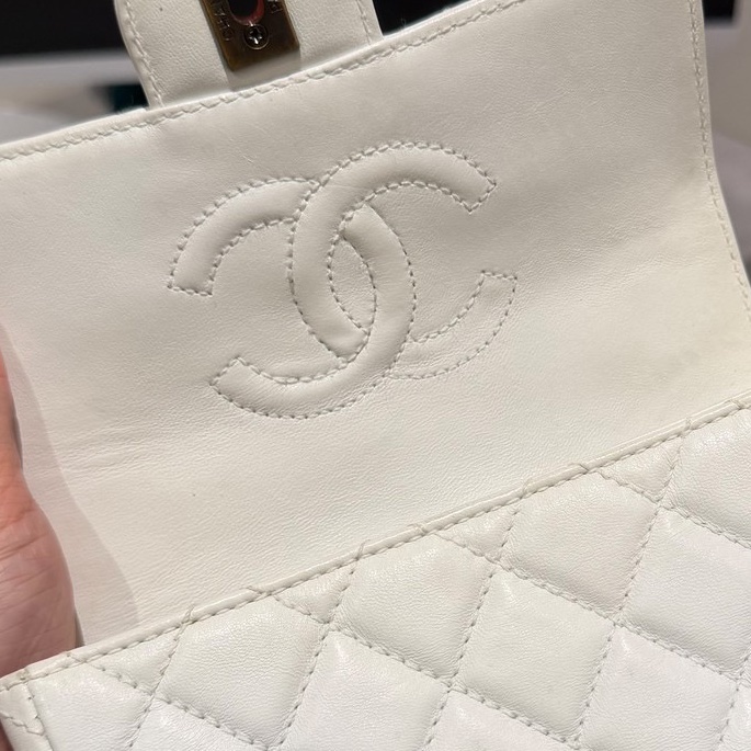 CHANEL 香奈兒 Vintage 玳瑁 CF 方胖子 白色 斜背包 肩背包 側背包-27