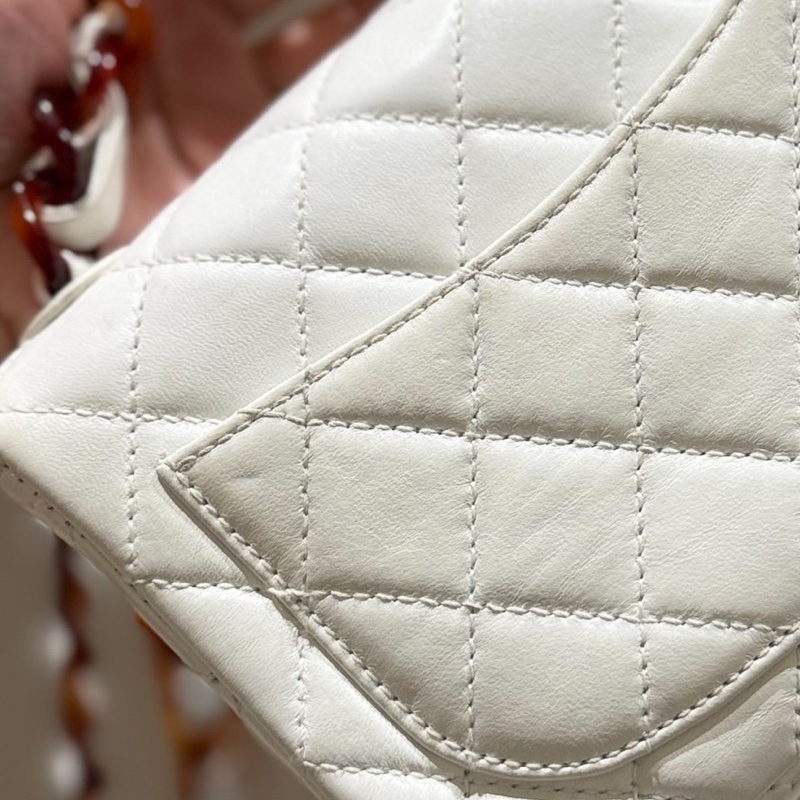 CHANEL 香奈兒 Vintage 玳瑁 CF 方胖子 白色 斜背包 肩背包 側背包-31