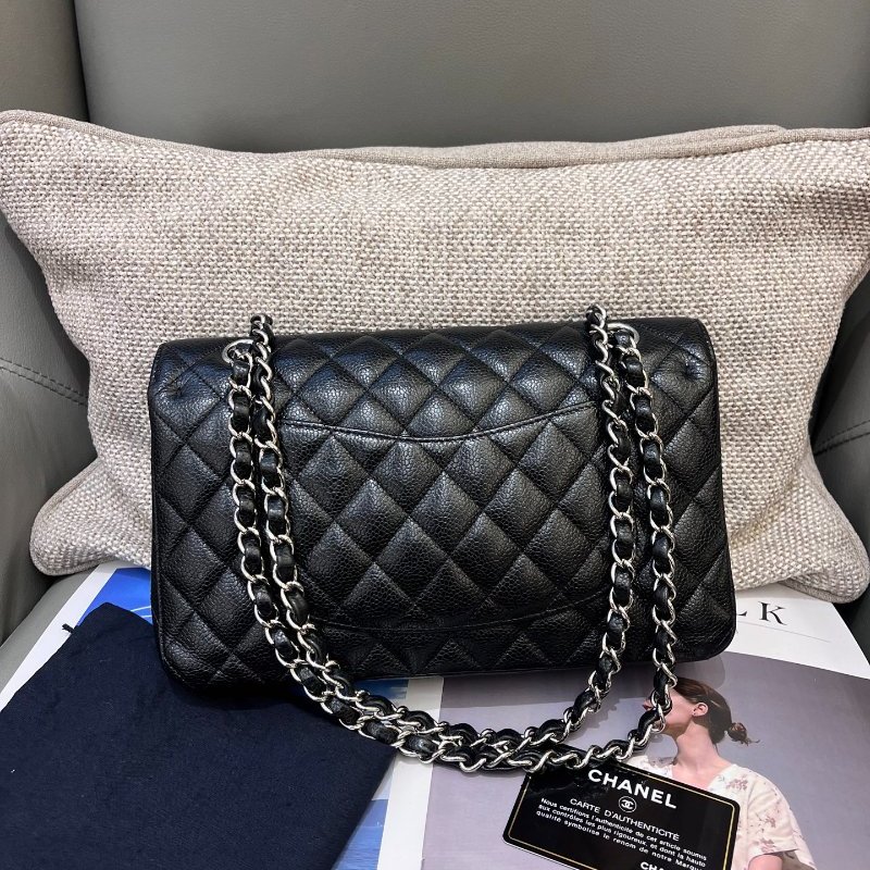 香奈兒/Chanel 黑銀CF荔枝紋牛皮中號菱格鏈條包-1