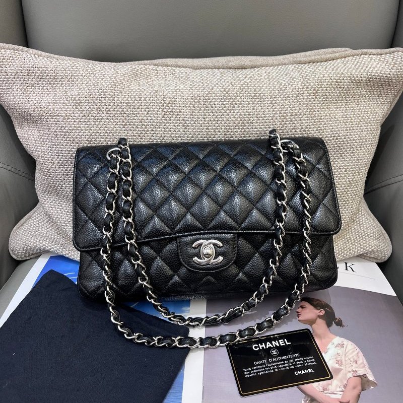 香奈兒/Chanel 黑銀CF荔枝紋牛皮中號菱格鏈條包-5