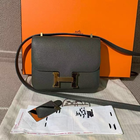 Hermes愛馬仕constance 19 c6灰綠色epsom皮金扣u刻鏡子版