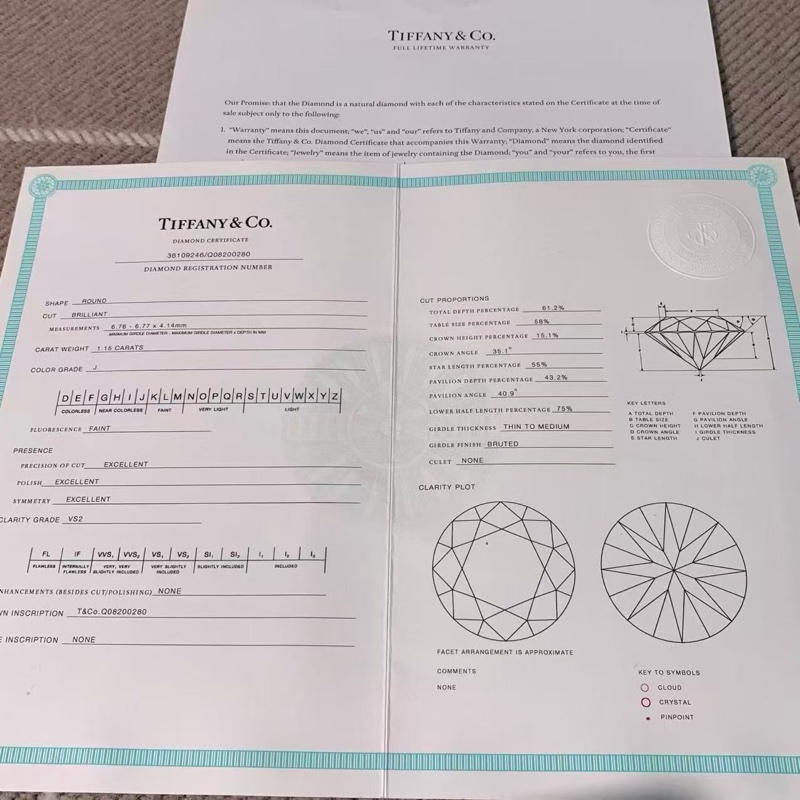 Tiffany1克拉圓形鑽石白金項鍊，主鑽1.15克拉，顏色J，vs2-7
