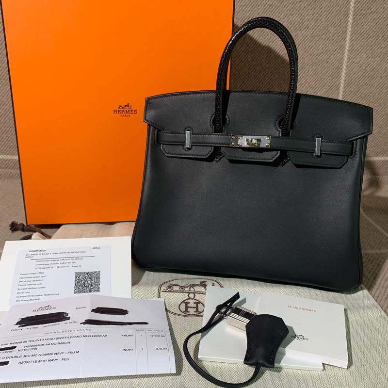Hermes愛馬仕Birkin25 touch蜥蜴皮手柄 swift皮銀扣k刻 全套-11