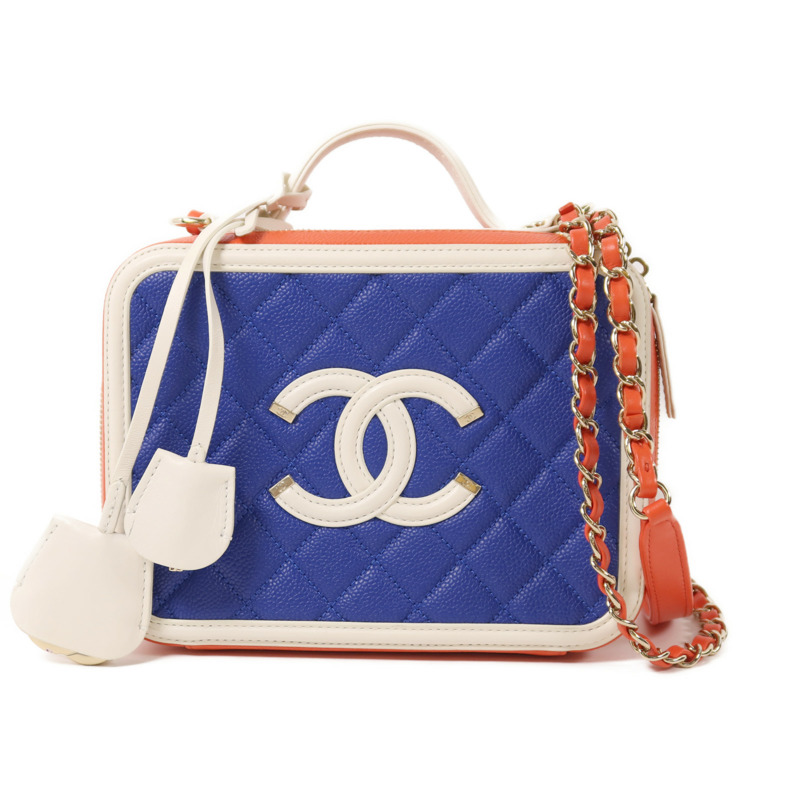 CHANEL 牛皮皮革Filigree Vanity Case Small金扣鏈帶手挽肩背兩用袋-0
