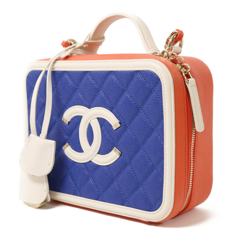 CHANEL 牛皮皮革Filigree Vanity Case Small金扣鏈帶手挽肩背兩用袋-2