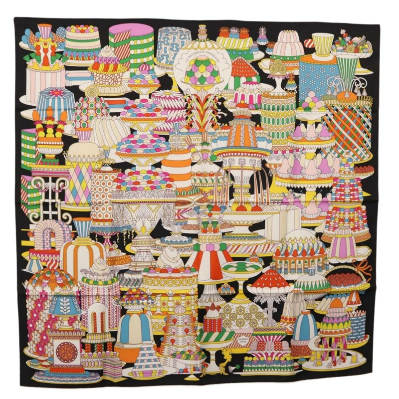 【日本直送】HERMES Carre 90 圍巾「La Patisserie Francaise」真絲黑色正品 168044SAM-0