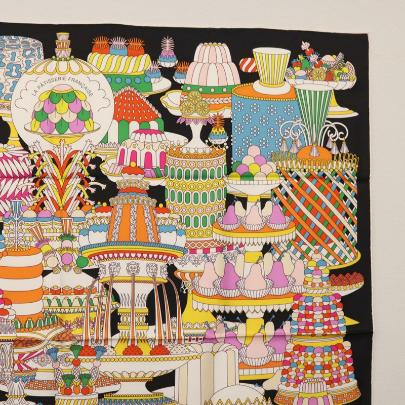 【日本直送】HERMES Carre 90 圍巾「La Patisserie Francaise」真絲黑色正品 168044SAM-3