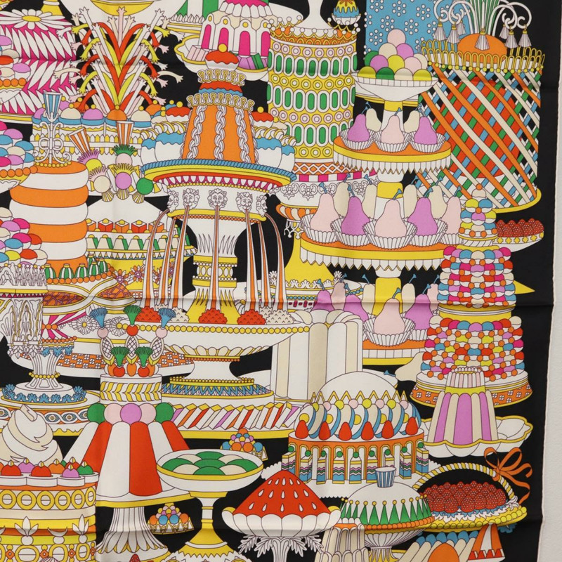 【日本直送】HERMES Carre 90 圍巾「La Patisserie Francaise」真絲黑色正品 168044SAM-6