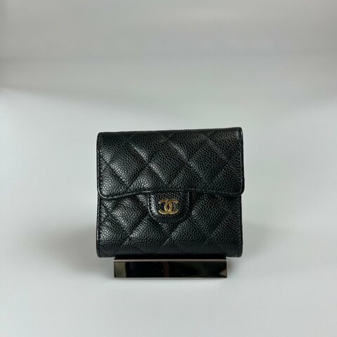 CHANEL CF三折短夾 荔枝黑金 24開