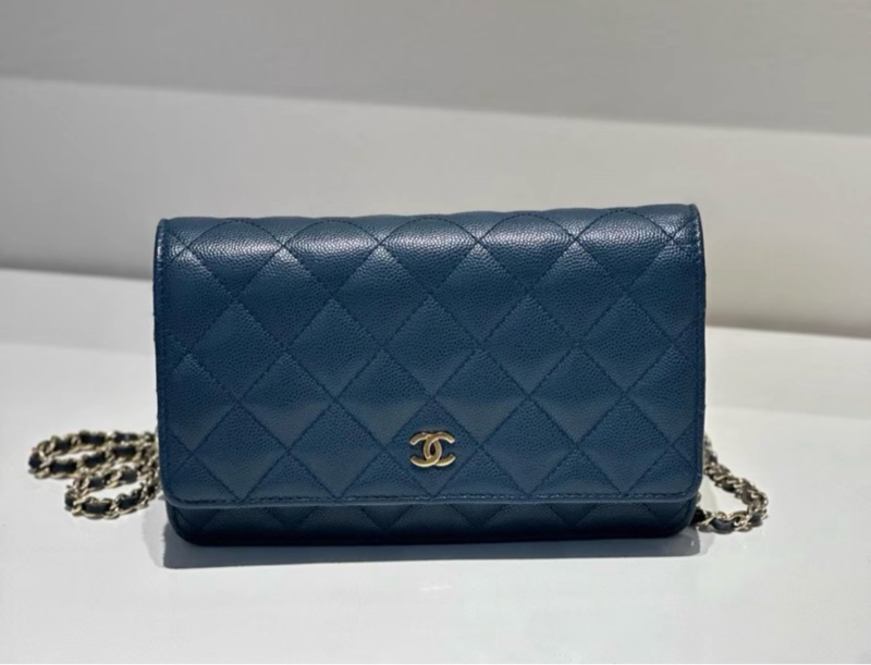 Chanel 海軍藍金扣 wallet on chain 荔枝紋牛皮 發財woc包 23開帶卡-1
