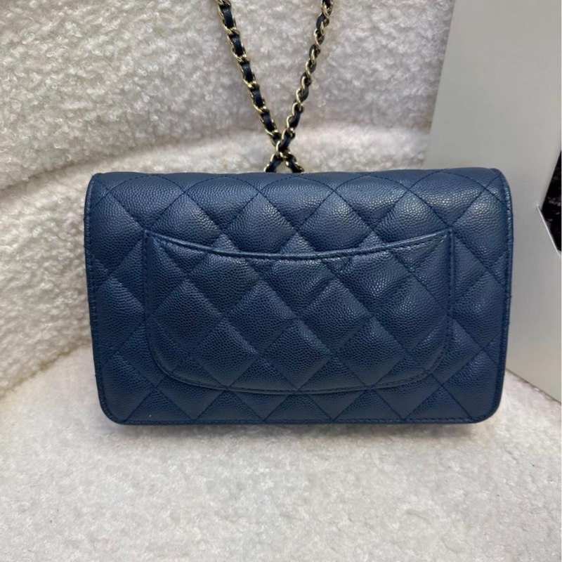 Chanel 海軍藍金扣 wallet on chain 荔枝紋牛皮 發財woc包 23開帶卡-3