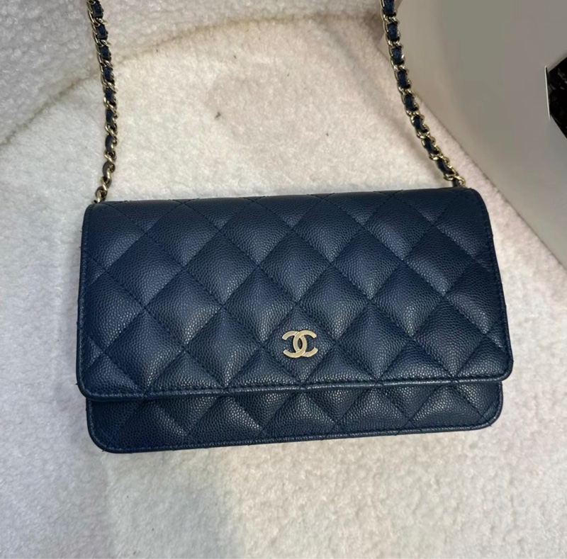 Chanel 海軍藍金扣 wallet on chain 荔枝紋牛皮 發財woc包 23開帶卡-5