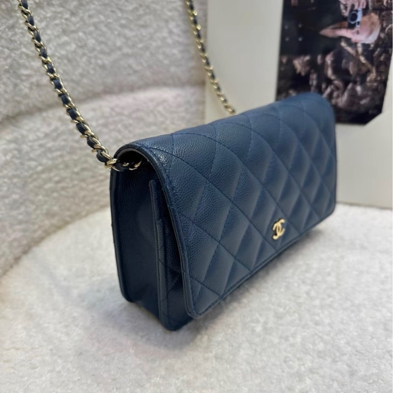 Chanel 海軍藍金扣 wallet on chain 荔枝紋牛皮 發財woc包 23開帶卡-7