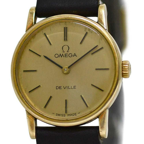 歐米茄碟飛系列腕錶 f-25030 金色黑色女士不鏽鋼錶帶皮革手動上鍊歐米茄錶盤模擬指針不鏽鋼