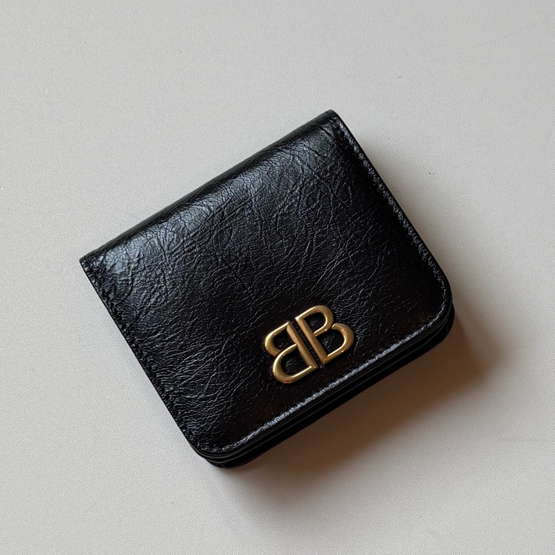 914intheair精品代購『全新閒置』balenciaga巴黎世家bblogo黑色牛皮對開短夾皮夾-0