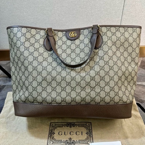Gucci 古馳 Ophidia 經典雙G徽標老花 托特包 中號 雙肩帶 女款 烏木色 皮標塗標 尺寸約38.5*15*28.5cm 附件：塵袋。