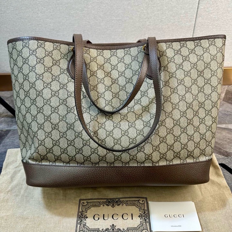 Gucci 古馳 Ophidia 經典雙G徽標老花 托特包 中號 雙肩帶 女款 烏木色 皮標塗標 尺寸約38.5*15*28.5cm 附件：塵袋。-1