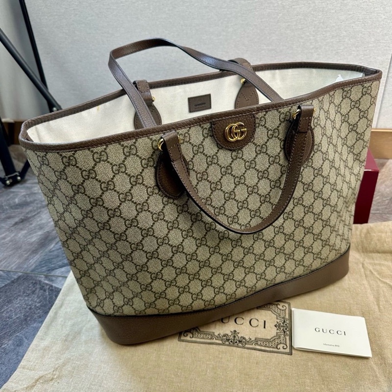 Gucci 古馳 Ophidia 經典雙G徽標老花 托特包 中號 雙肩帶 女款 烏木色 皮標塗標 尺寸約38.5*15*28.5cm 附件：塵袋。-2