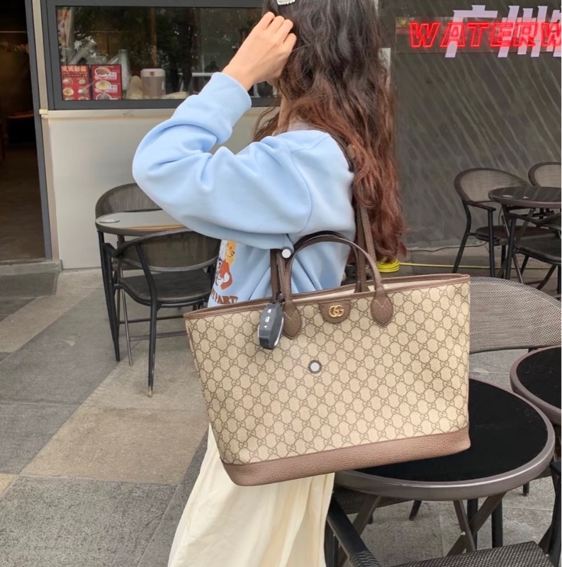 Gucci 古馳 Ophidia 經典雙G徽標老花 托特包 中號 雙肩帶 女款 烏木色 皮標塗標 尺寸約38.5*15*28.5cm 附件：塵袋。-5
