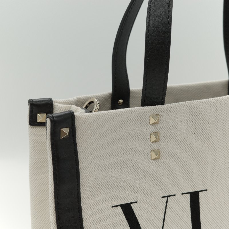 Valentino 華倫天奴 VLTN 迷你 黑白 帆布拼接 牛皮 托特包-6