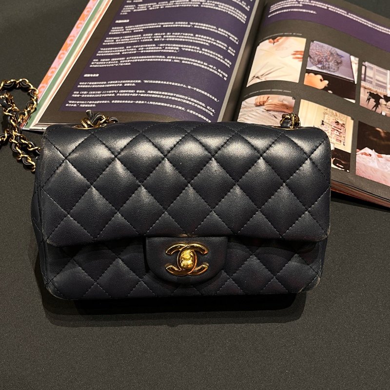 香奈兒/Chanel CF大mini 藏藍色金扣羊皮 鏈條包-5