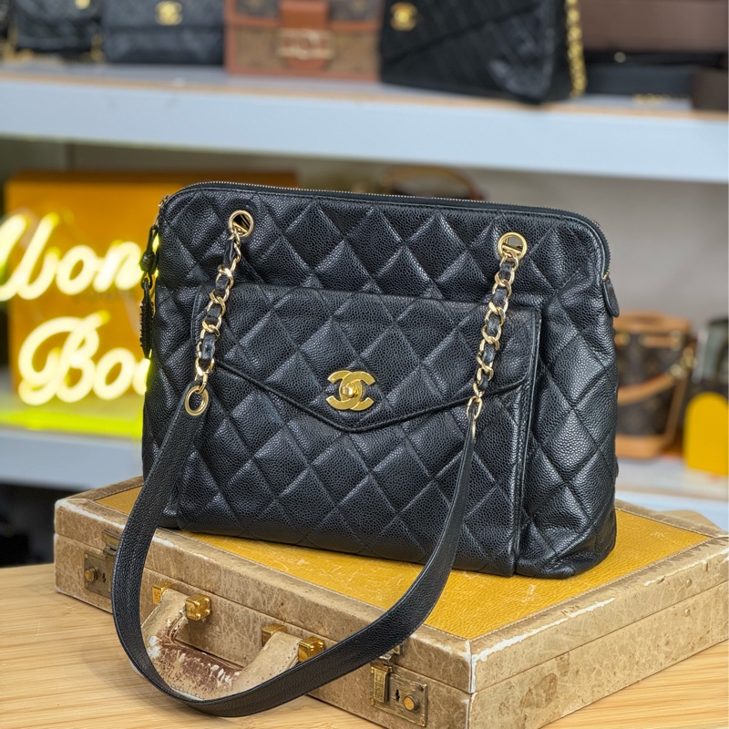 CHANEL vintage 荔枝紋牛皮信封托特包🖤🩶可短斜背/長肩背-0