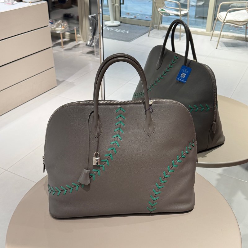 Hermes愛馬仕 Bolide45 棒球繫列錫器灰銀扣 ec皮 手提包-0