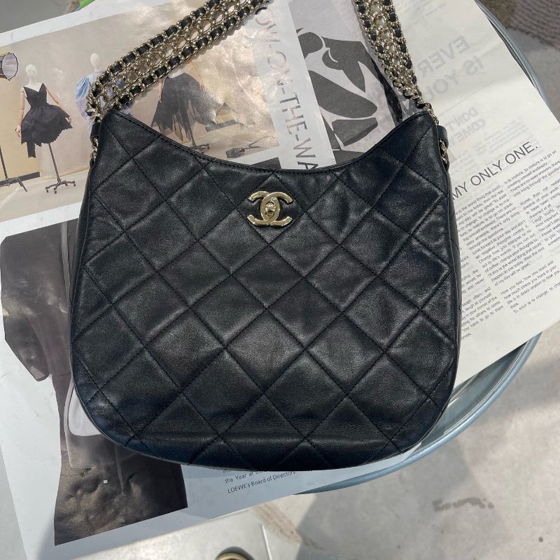 近新品 香奈兒/Chanel 瀑佈鏈Hobo 黑金羊皮肩背包-0