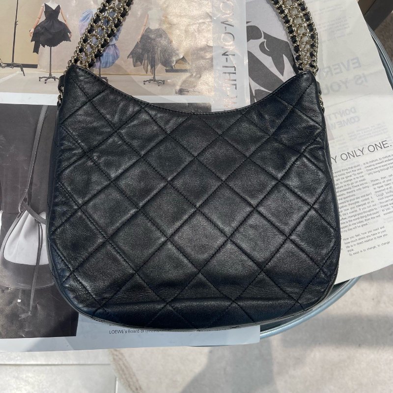 近新品 香奈兒/Chanel 瀑佈鏈Hobo 黑金羊皮肩背包-7