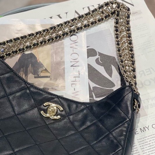 近新品 香奈兒/Chanel 瀑佈鏈Hobo 黑金羊皮肩背包-10