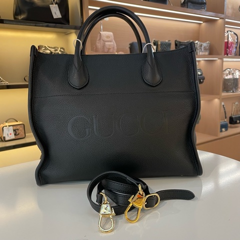 Gucci黑色全皮logo托特中号斜挎包