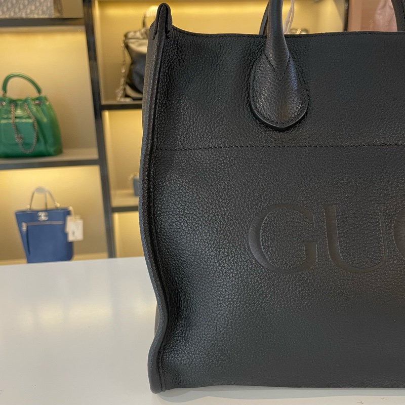 Gucci黑色全皮logo托特中号斜挎包-7