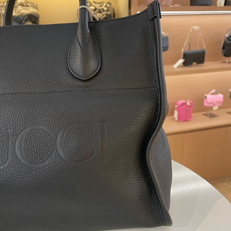 Gucci黑色全皮logo托特中号斜挎包-8