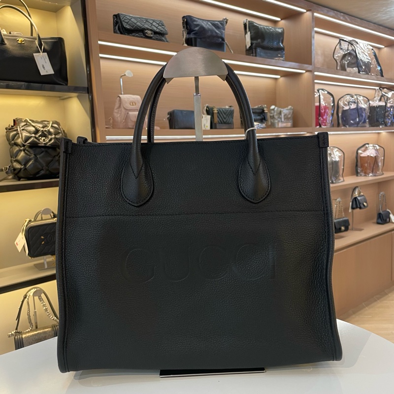 Gucci黑色全皮logo托特中号斜挎包-10