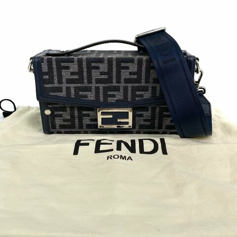 △ Fendi 芬迪 Navy Canvas Baguette Soft Trunk Crossbody Bag 7VA565 深藍色帆布經典老花斜背袋 - 267000503