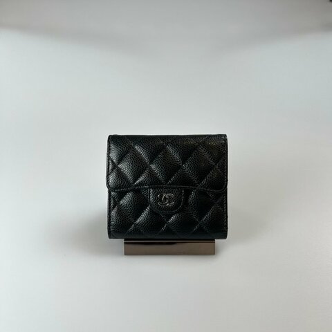CHANEL CF三折短夾 荔枝黑銀 27開