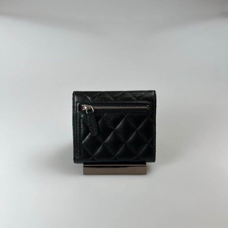 CHANEL CF三折短夾 荔枝黑銀 27開-1