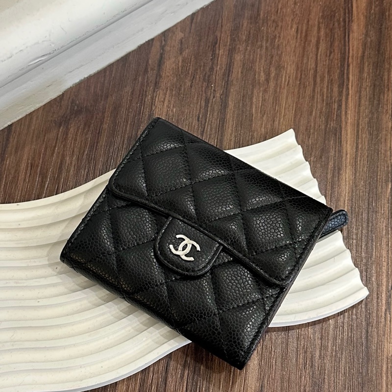 CHANEL CF三折短夾 荔枝黑銀 27開-0