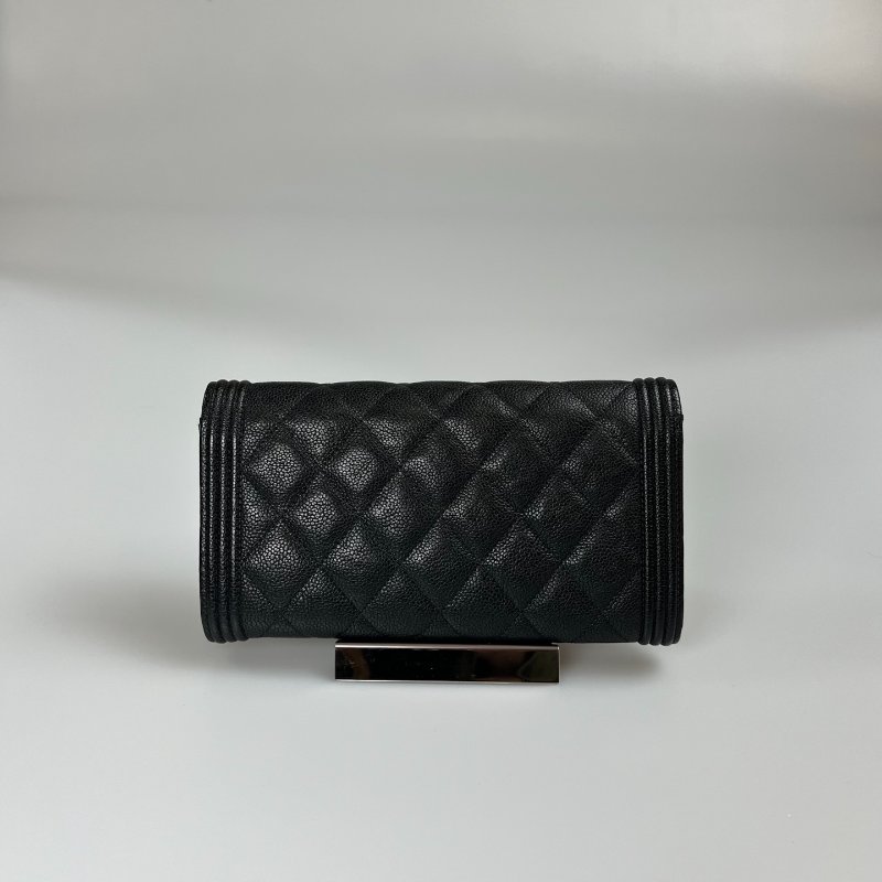 CHANEL BOY銀釦翻蓋長夾 荔枝黑 22開-1