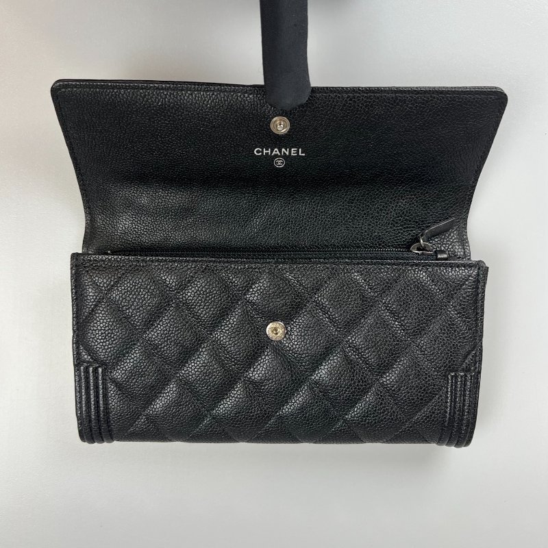 CHANEL BOY銀釦翻蓋長夾 荔枝黑 22開-4